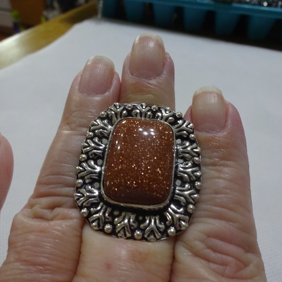 Sparkling "GOLD SUNSTONE" Handmade Sterling Ring Size 8.25 #717A - Picture 3 of 3